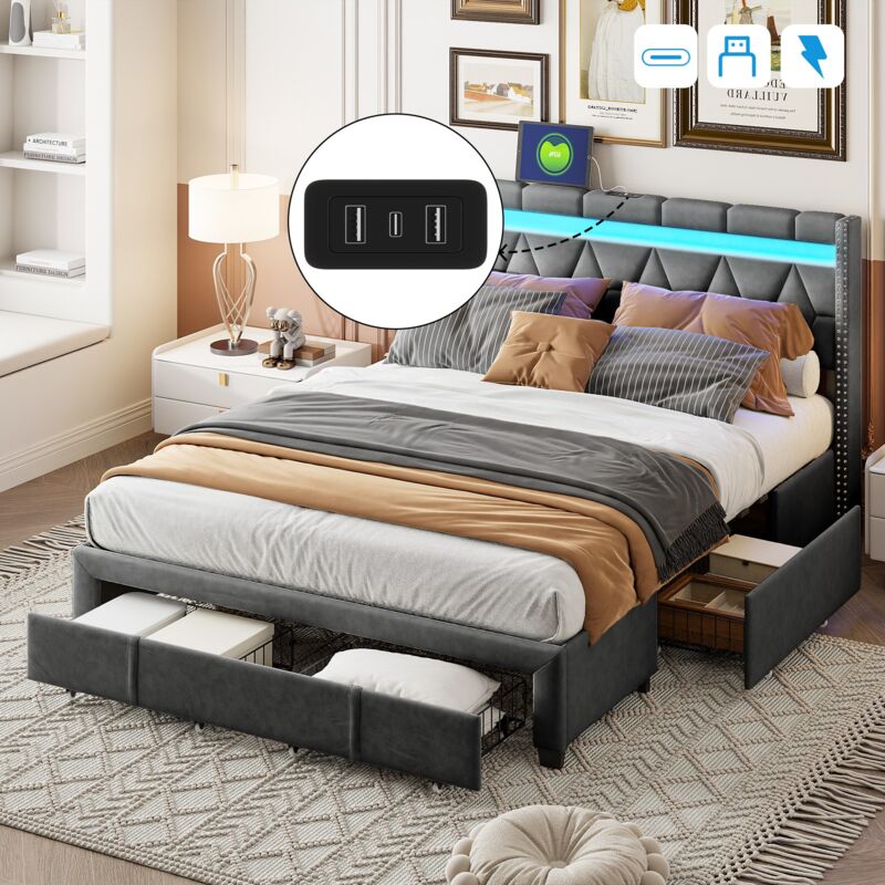 Lit double 160x200 cm, chevet avec éclairage led, fonction chargement usb, 4 tiroirs en fer, chevet en forme de losange, décoration rivets, sommier à