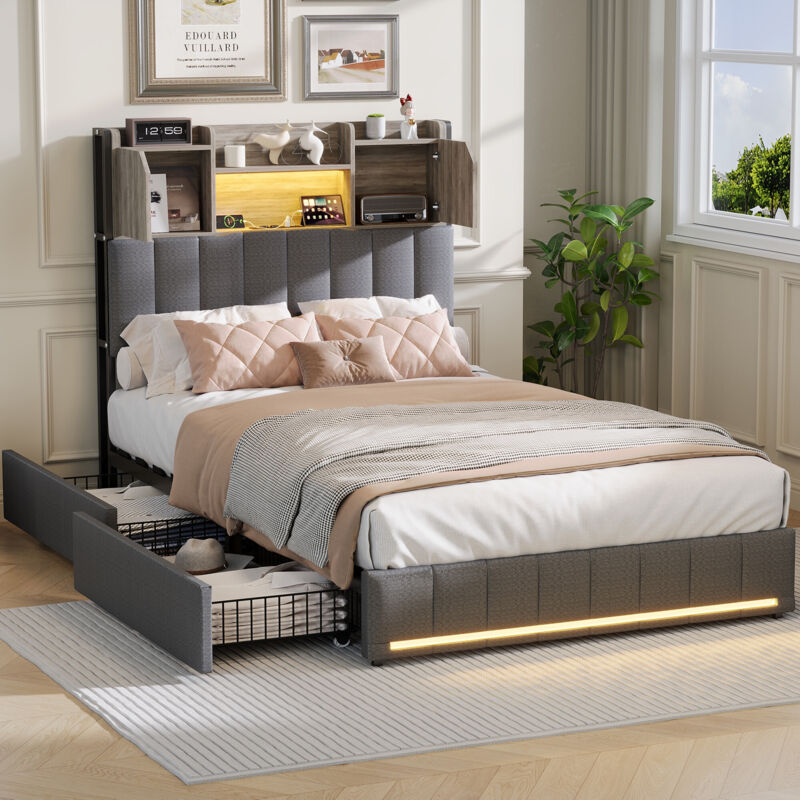 Lit double 90x200 cm, avec 2 tiroirs, chargement USB, éclairage LED, tables de chevet avec rangement, cloisons ouvertes, lin, sommier à lattes, Gris