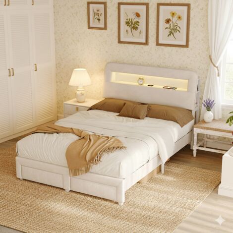 Lit Double 140x200 cm Design Moderne - Tête de Lit LED + Port USB + Tiroirs Rangement + Compartiments - lit 140x200 Robuste - Beige