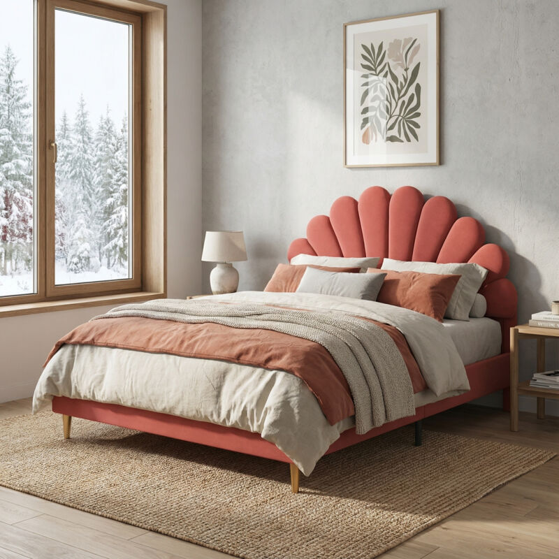 Fortuna Lai – Lit double 140x200 cm en velours – Tête de lit coquillage – Sommier à lattes – Pieds en métal doré – Style moderne bordeaux