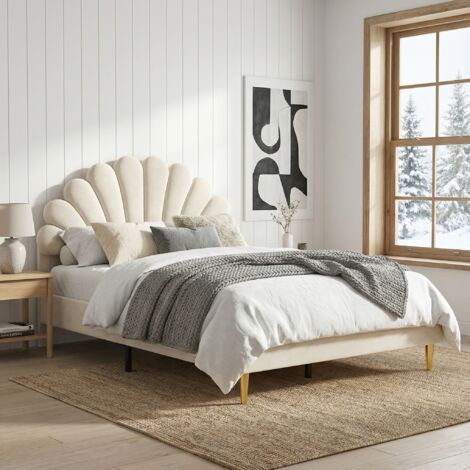 FORTUNA LAI Lit Double 140x200 cm en Velours, Tête de Lit Design Coquillage, Sommier à Lattes et Pieds en Métal Doré, Style Élégant et Moderne, Beige