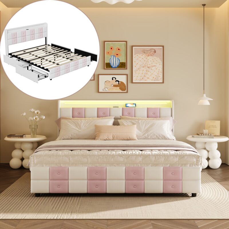 Lit double 160x200 cm, lit adulte avec éclairage LED, port USB et 4 tiroirs de rangement, sommier à lattes en bois, style scandinave, lit capitonné