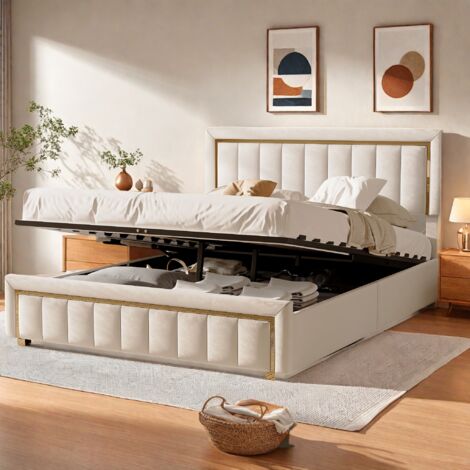 Lit double 140x200 cm, Lit adulte coffre avec rangement hydraulique,  Sommier à lattes, Style Scandinave, Tissu en velours, Beige
