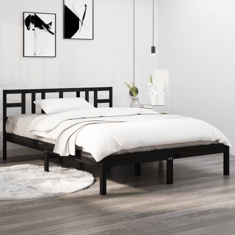 Lit double - 140x190 cm, Lit adulte et enfants, Cadre de lit sans matelas noir bois massif FR114010 design in
