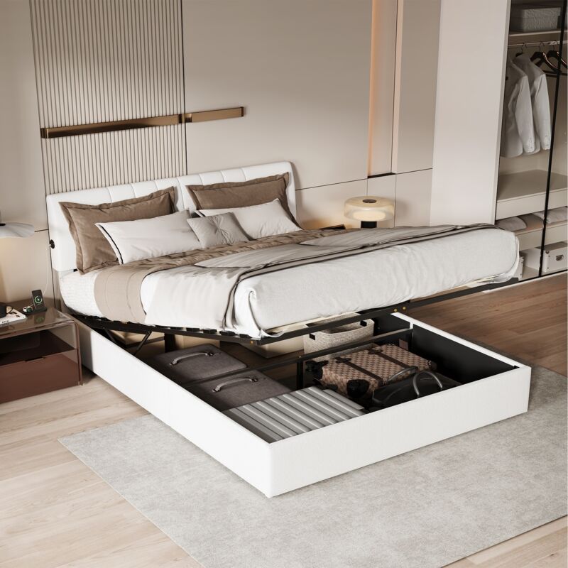 lit coffre 140x190 cm, lit 140x190 avec sommier, Lit double, lit adulte, Chargement USB, cadre de lit, Blanc cassé, velours teddy