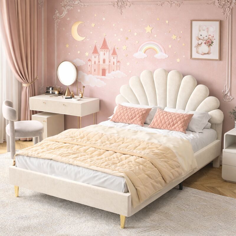 Lit double 140x200 cm, lit enfant fille avec tête de lits forme de pétale, lit capitonné pour fille adolescent, sommier à lattes, velours, rouge foncé