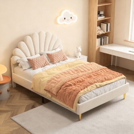 Lit double 140x200 cm, Lit enfant rembourré avec tête de lit en fleur, Cadre de lit fille avec sommier à lattes, Velours, Beige
