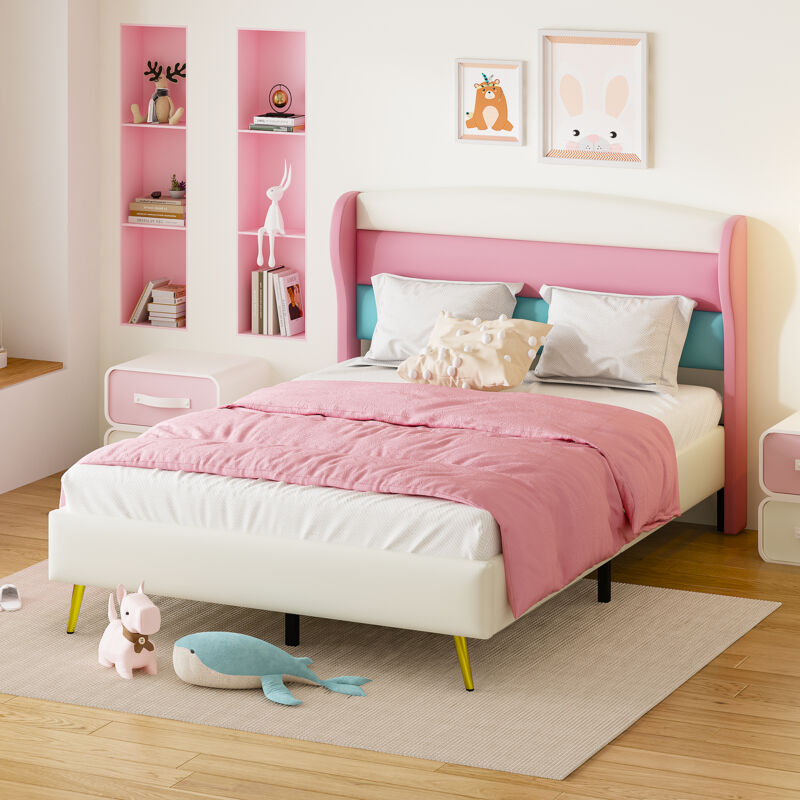 Lit double 140x200 cm, lit jeune/adulte/enfant, tête de lit tricolore, pieds en métal, simili cuir, blanc (Sans matelas)