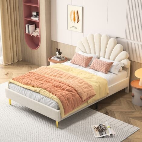 Lit double 140x200 cm - Lit princesse avec tête de lit en forme de pétale, sommier à lattes, cadre de lit, lit adolescent, velours, Lit adulte rembourré - Beige