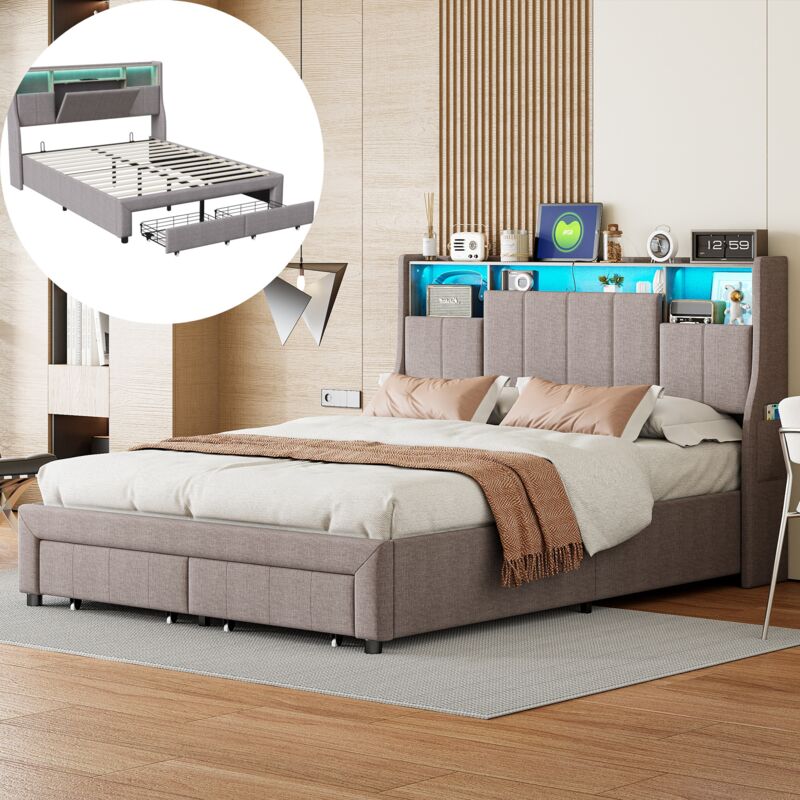 Lit double 140x200 cm - Lit Rembourré avec 2 tiroirs, chevet et poches latérales, éclairage led télécommandé, fonction de charge usb, sommier à