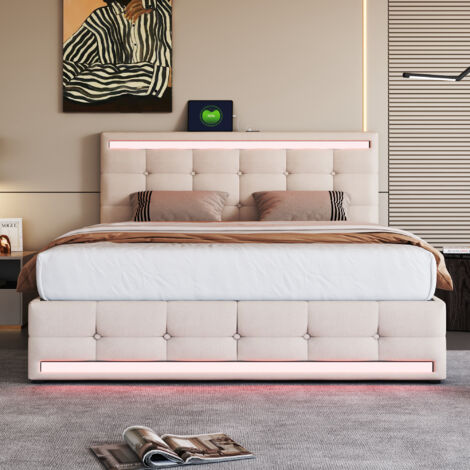 Lit double 140x200 cm lit rembourré avec LED, 4 tiroirs, USB et grand espace de rangemnet, tissu en lin, beige, sans matelas