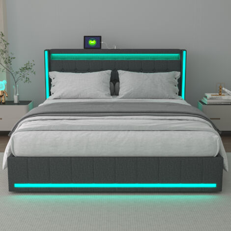 Lit double 140x200 cm, Lit rembourré avec prise de lumière LED 4 tiroirs en lin doux pour la peau, avec fonction de chargement USB, lit adulte rangement cadre de lit sommier à lattes,gris