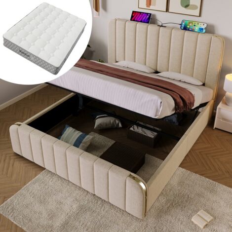 Lit double 140x200 cm rembourré lin, tête de lit avec bandes dorées, USB-C, coffre hydraulique, 181kg, beige lin (avec matelas)