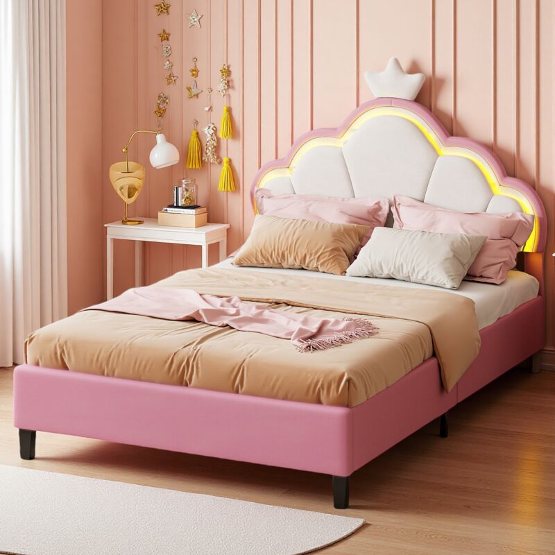 Eifson - Lit simple 140x200 cm, tête de lit décor couronne, bandeau lumineux led, sommier à lattes, velours, lit princesse enfant - Rose