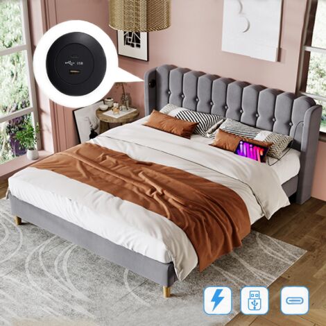 Lit double 140x200 cm, tissu Lin, avec ports de charge USB, sommier à lattes, lit adulte capitonné, style moderne - gris