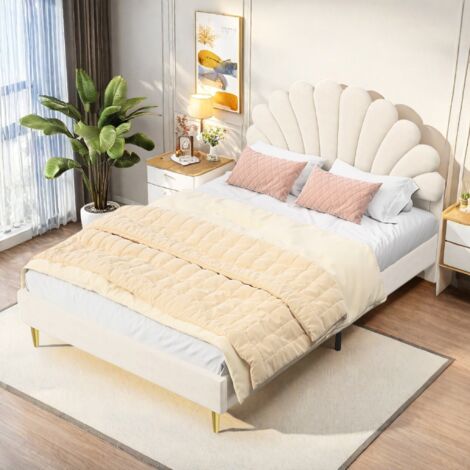 Lit double 140x200 cm, tissu velours, avec sommier à latte, tête de lit en forme de fleur, lit adulte style scandinave - beige