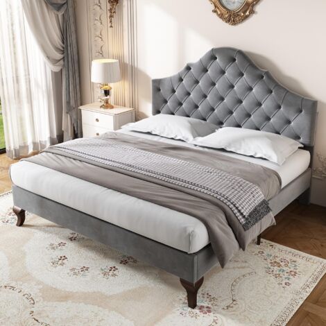 Lit double 140x200 cm, tissu velours, avec tête de lit réglable en hauteur, sommier à lattes, lit adulte capitonné, style Classique - gris