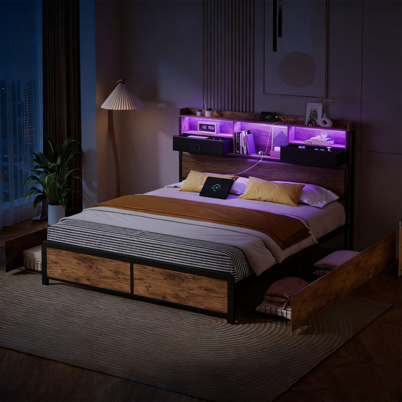 lit double 140x200, LED lit capitonné, lit adulte, sommier à lattes et tiroirs, , rangement de chevet, PU, noir