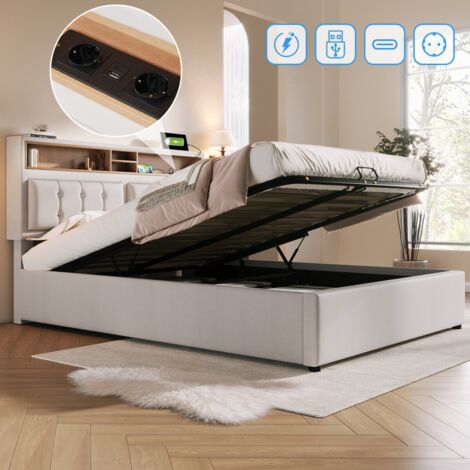 Lit Double 140x200 lin Beige - Tête de lit avec charge USB-C, rangements intégrés et sommier lattes inclus, pour ado (sans matelas)