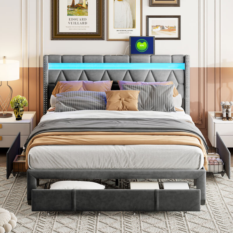 Blanketswarm - Lit 160x200 avec Tiroir, Lit Double 160x200, Lit Coffre Capitonné avec Rangement, 3 Tiroirs, Lit Adulte Éclairage led Orientable,