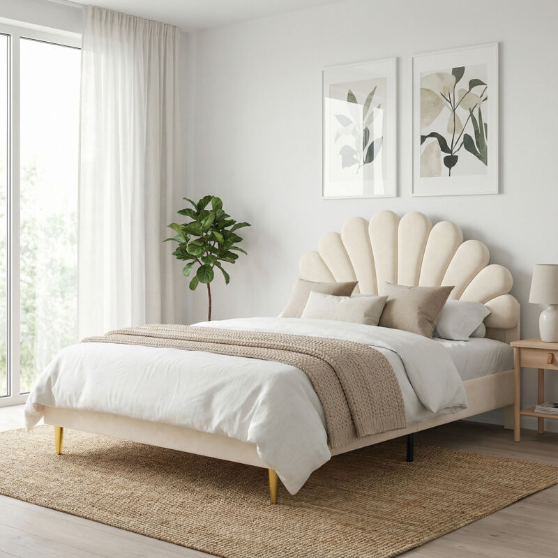 Lit adulte 140x200 avec sommier, lit double capitonné avec tête de lit coquillage, pieds en métal doré, cadre bois et métal, velours, style moderne,