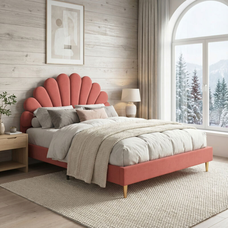 Lit adulte 140x200 avec sommier, lit double capitonné avec tête de lit coquillage, pieds en métal doré, cadre bois et métal, velours, style moderne,