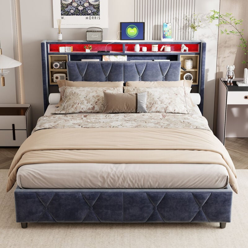 Lit Double 160x200, Lit Coffre 160x200, Lit Adulte avec Sommier, Lit Capitonnée avec Éclairage led, Chargement usb, Tête de Lit avec Rangement, Cadre
