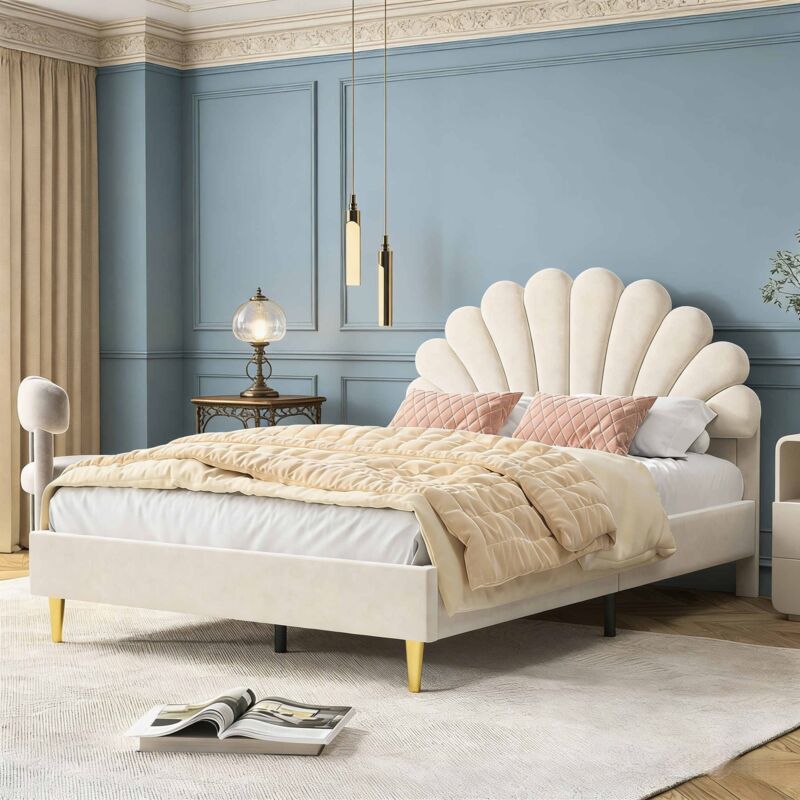 Lit double, 140x200 cm, velours beige, tête de lit en forme de pétale, convient aux chambres d'adultes, confortable, romantique et d'ambiance.