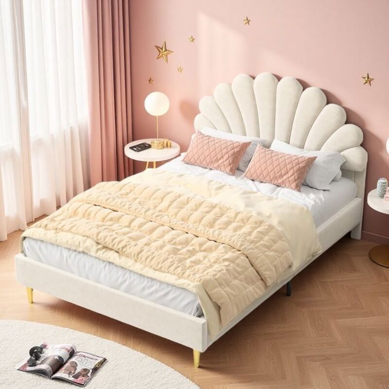 Lit Double 140x200 - Tête de Lit Pétale Velours Crème - Structure Bois - Pieds Dorés