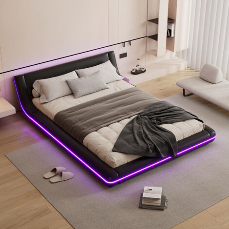 Lit double 140x200cm Ambiance lumineuse LED pilotable Application PU MDF design épuré noir (Sans matelas)