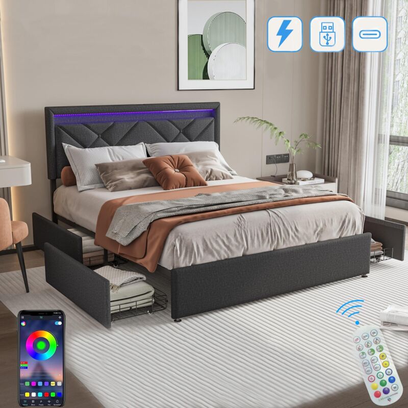Lit double 160x200 cm, avec 4 tiroir, éclairage led, sommier à lattes, usb fonction de charge type c, tissu lin, lit adulte capitonné - gris