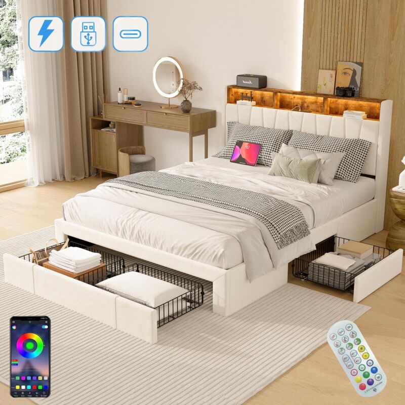 Dans Les Nuages - Lit double 140x200 cm, avec 4 tiroir, éclairage led, tête de lit de rangement, usb fonction de charge type c, tissu velours, lit