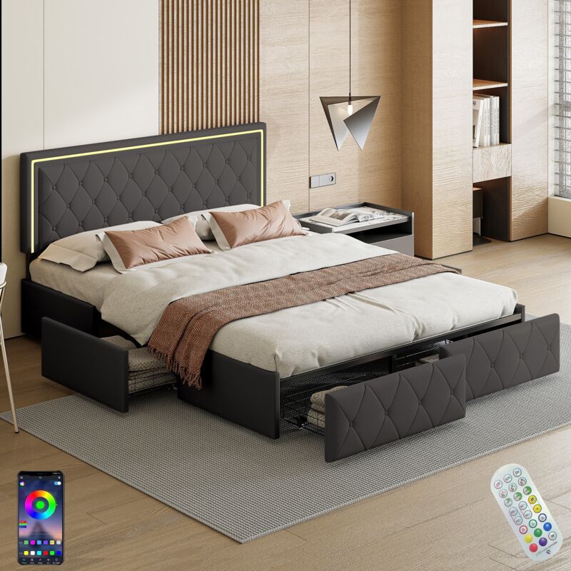 Lit double 140x200 cm, avec 4 tiroirs de rangement, éclairage led, sommier à lattes en bois, cadre en métal, lit capitonné en similicuir - Gris