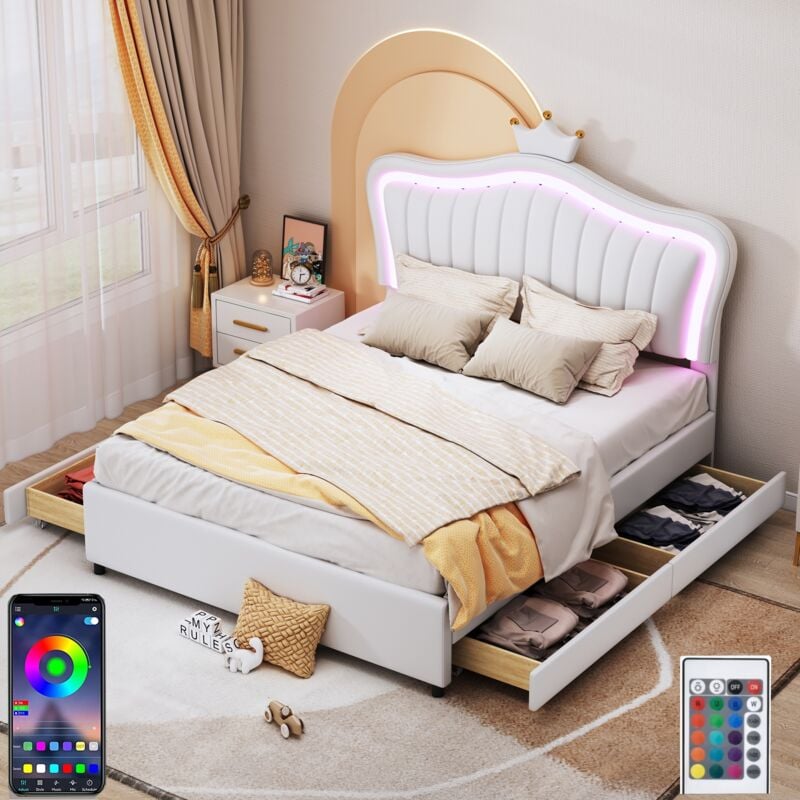 Dans Les Nuages - Lit double 140x200 cm avec 4 tiroirs, éclairage led, app, tête de lit en forme de couronne, sommier à lattes, lit capitonné en