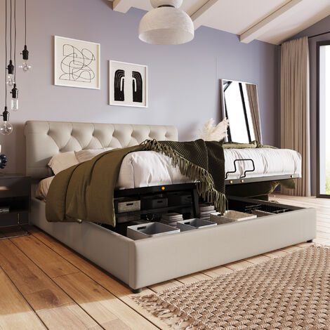 Lit double 140x200cm avec coffre de rangement, Tissu en lin, Sommier à lattes en métal, Style contemporain, Naturel