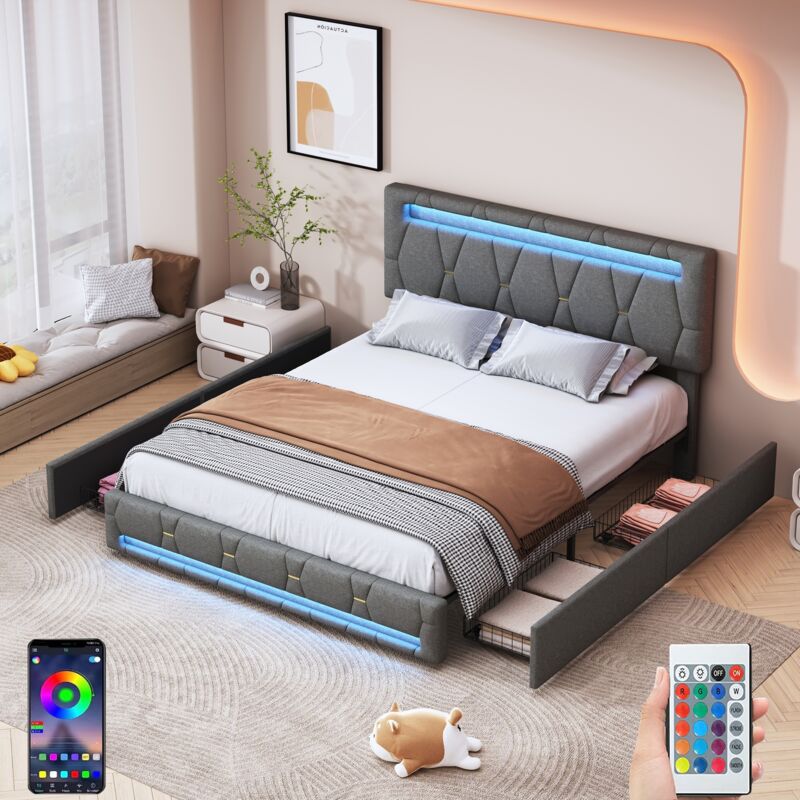 Lit double 140x200 cm, avec éclairage led, 4 tiroirs de rangement, tête de lit réglable en hauteur, sommier à lattes en bois, lit capitonné en lin