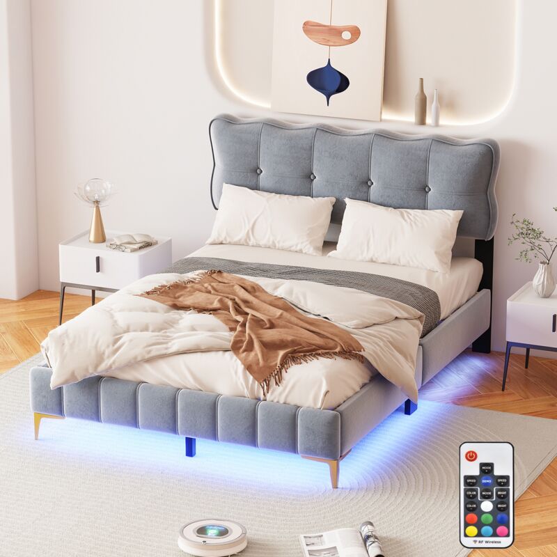Lit double 140x200 cm, avec éclairage LED, tête de lit boutons, sommier à lattes en bois, cadre en métal, lit capitonné en velours - Gris