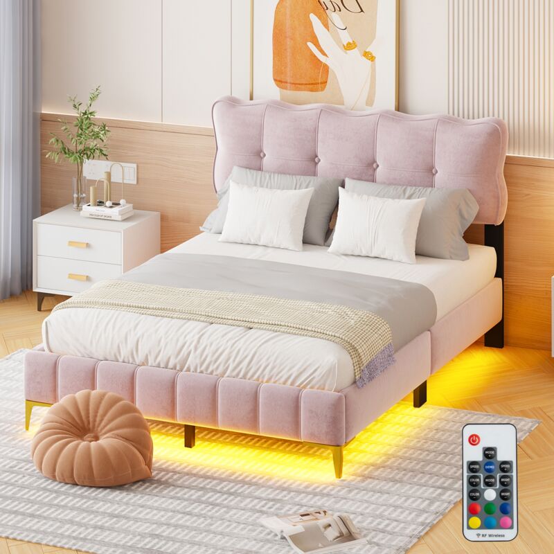 Dans Les Nuages - Lit double 140x200 cm, avec éclairage led, tête de lit boutons, sommier à lattes en bois, cadre en métal, lit capitonné en velours