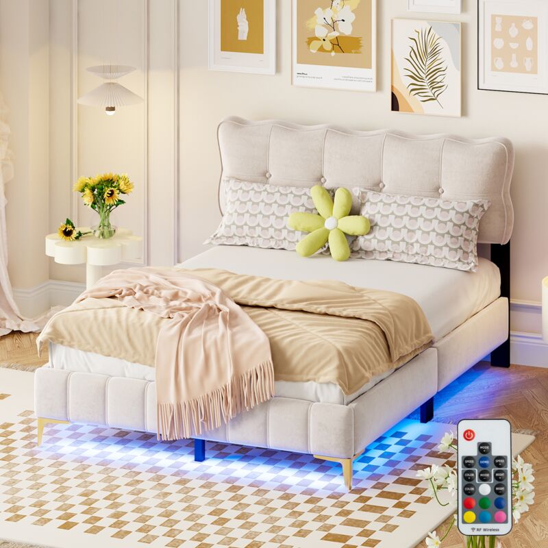 Dans Les Nuages - Lit double 140x200 cm, avec éclairage led, tête de lit boutons, sommier à lattes en bois, cadre en métal, lit capitonné en velours