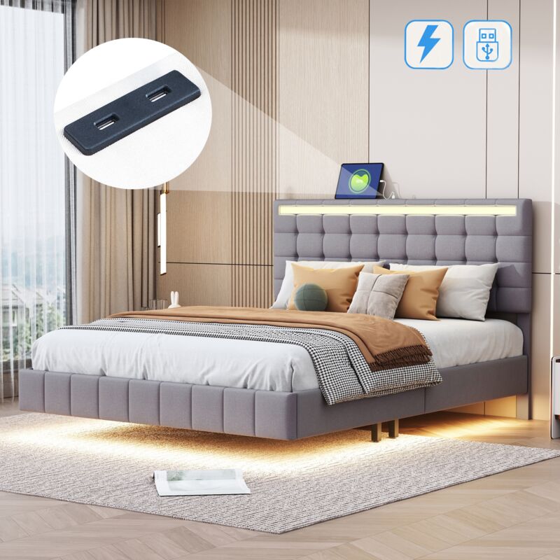 Lit double 140x200 cm, avec éclairage led, usb charge, sommier à lattes en bois, cadre en métal, lit capitonné en lin - Gris