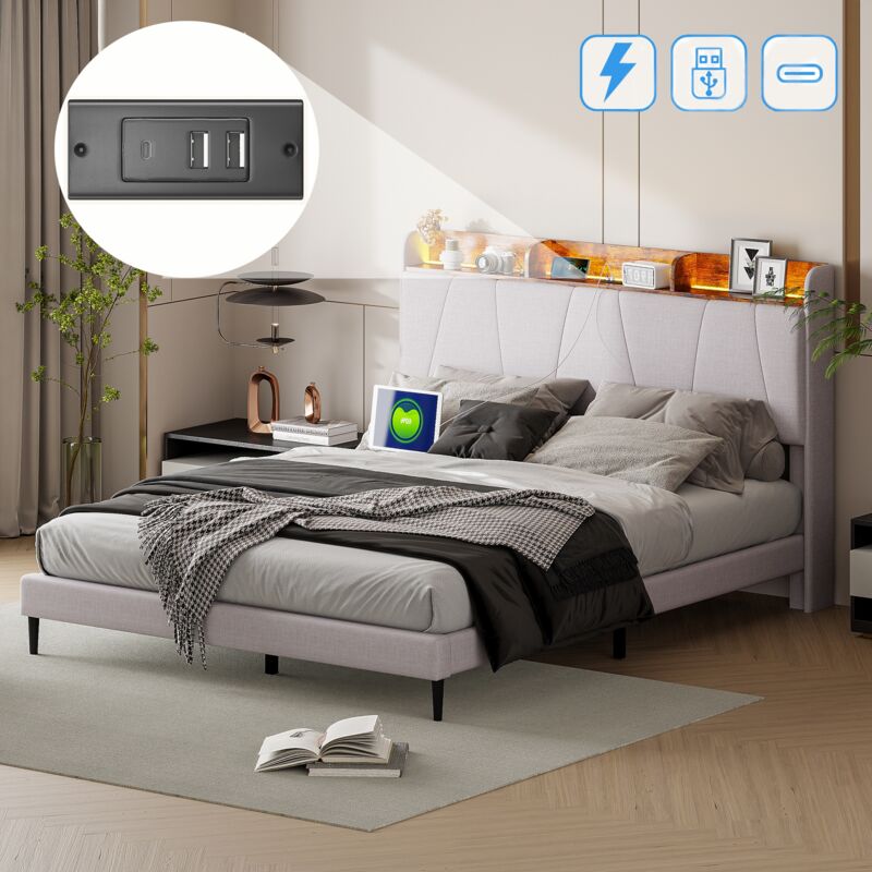 Lit double 140x200 cm, avec éclairage led, usb fonction chargement c, sommier à lattes en bois, cadre en métal, lit capitonné en lin - Beige