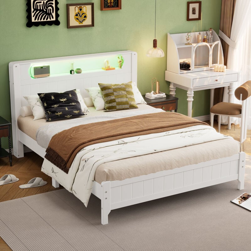 Modernluxe - Lit double 140x200cm avec led - en bois et mdf - Blanc