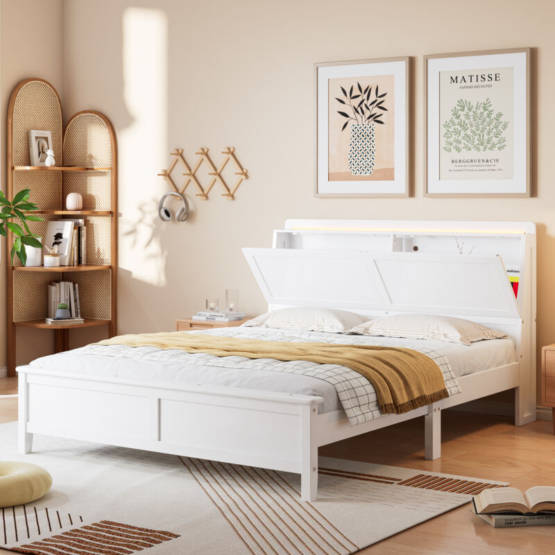 Modernluxe - Lit double 140x200cm avec led et chevet rabattable - en bois et mdf - Blanc