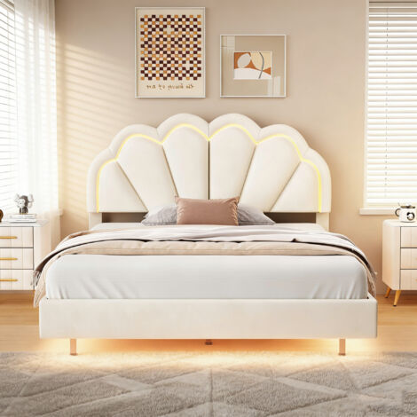 Lit Double 140x200cm avec LED,Tête de Lit Capitonné,Cadre de Lit Adulte Adolescente Fille avec Sommier,Lit Flottant Conception,Lit 2 Place,Velours Beige