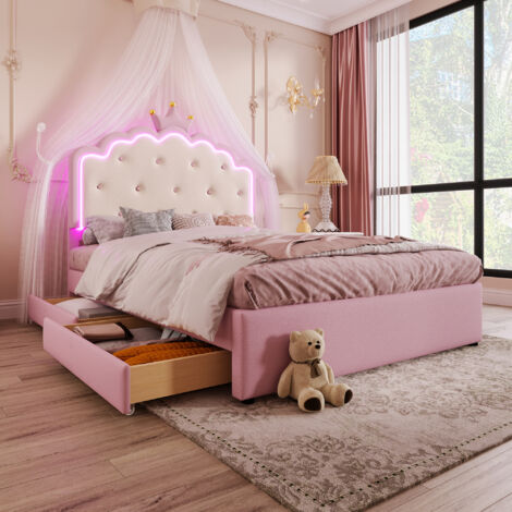 Lit double 140x200cm avec lit gigogne 2 tiroirs éclairage LED ambiant réglable MDF et PU rose (Sans matelas)