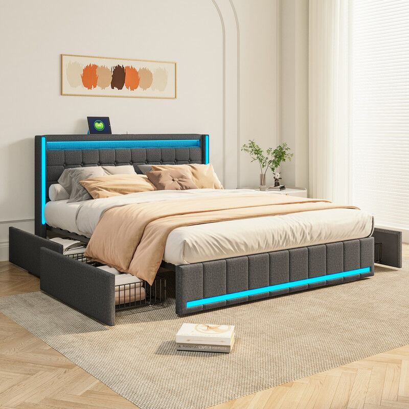 Blanketswarm - Lit adult 140x200, lit 140x200, lit double, lit capitonné avec 4 tirtors, tête de lit avec lumières led réglables et chargement usb,