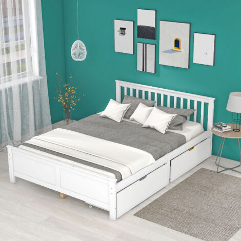 Lit double 140x200cm avec tiroirs de rangement sommier à lattes cadre bois blanc (Sans matelas)