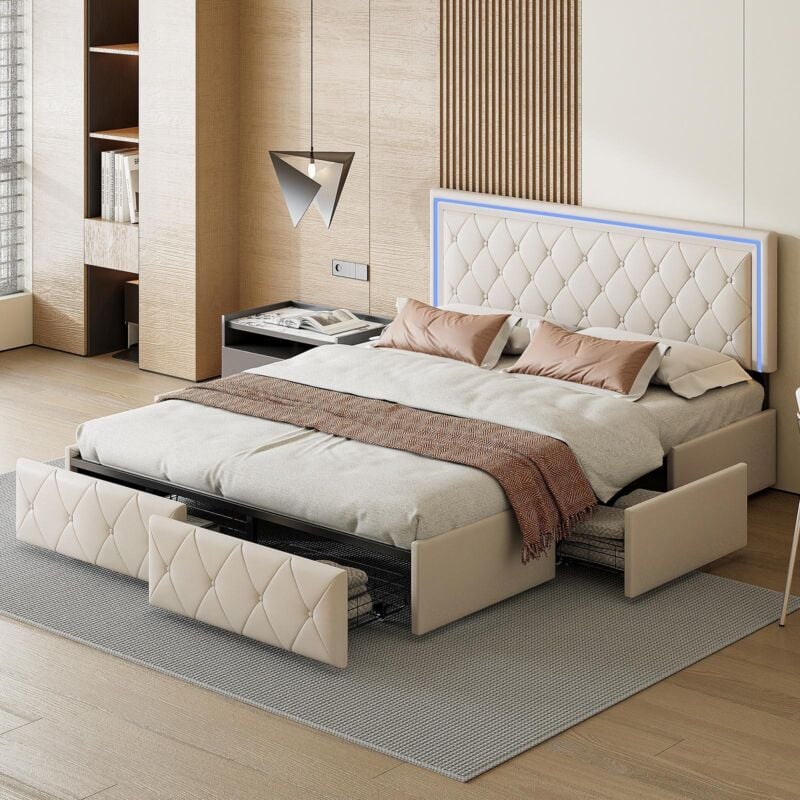 Lit double 160x200cm, cadre de lit avec 4 tiroirs, sommier à lattes et tête de lit led réglable, style moderne, cuir pu, blanc