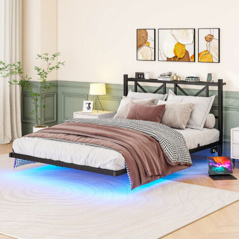 Lit double 140x200cm Cadre flottant LED intégré métal noir (Sans matelas)