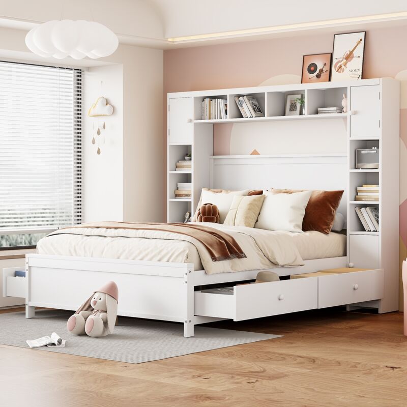 Dans Les Nuages - Lit double 140x200 cm en bois, avec 4 tiroirs, tête de lit de rangement, étagère, style Moderne, pour adulte, jeunes - Blanc
